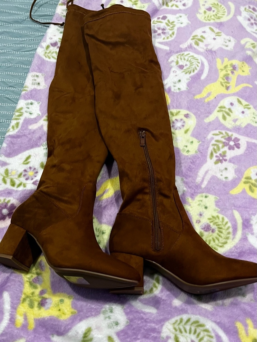 Women's Faux Brown Suede Knee-High Block Heel Boots. 24 inches tall